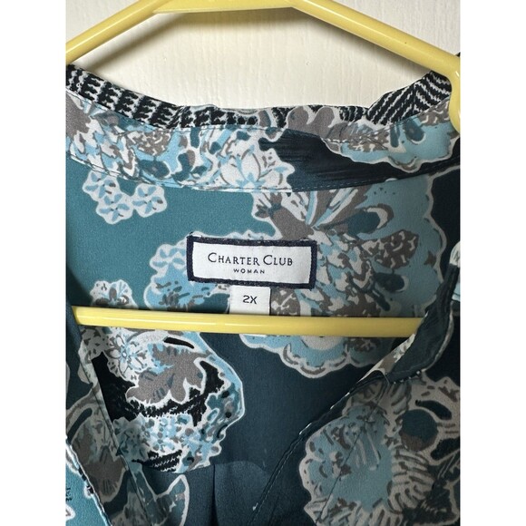 Charter Club Blouse Plus Size 2X Blue Floral Button Roll Tab Sleeve Abstract - Picture 4 of 15